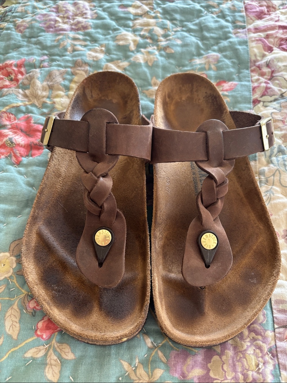 Birkenstock Brown Braided Leather T-Strap Sandals with Gold Button